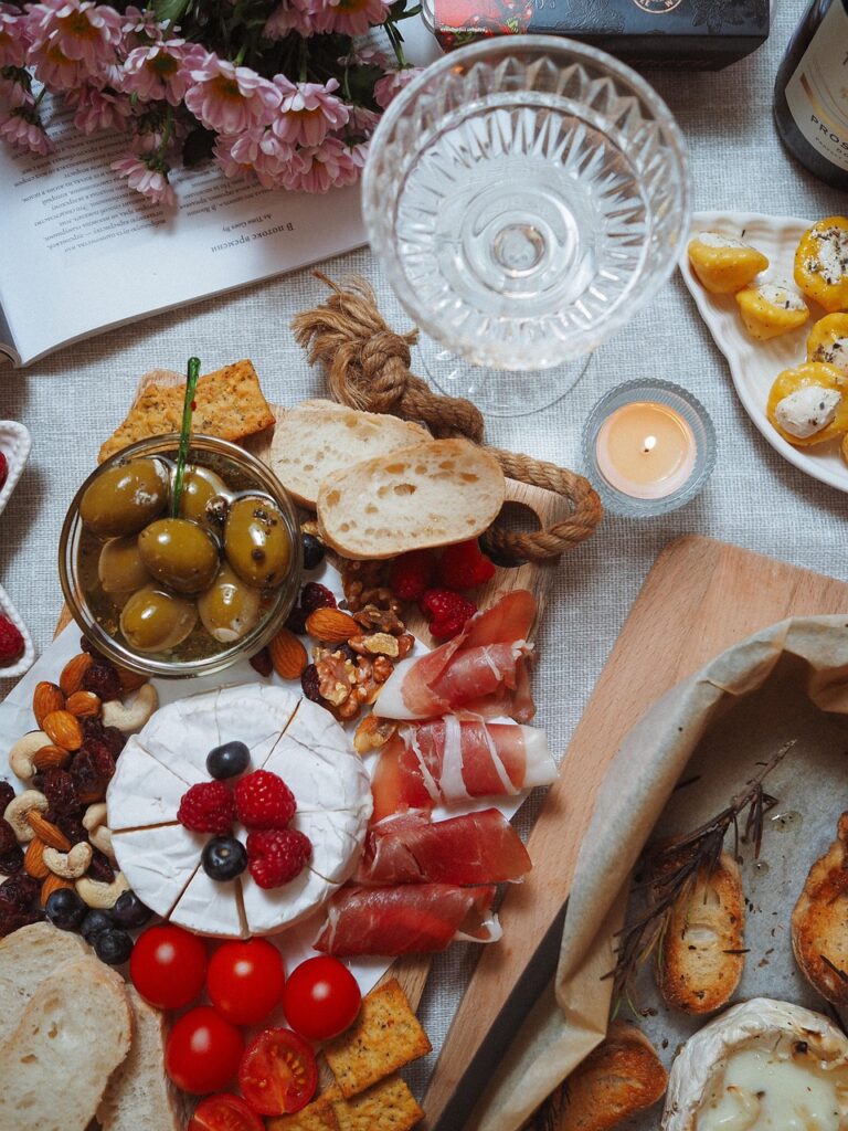appetizer, charcuterie board, beautiful flowers, party, food, dish, flower background, cheese, vegetables, wine, flower wallpaper, nature, bread, flowers, olives